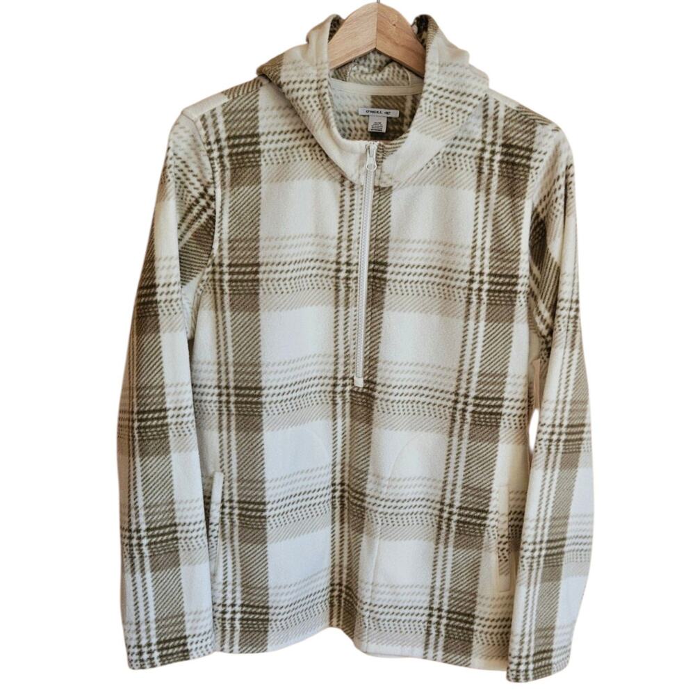 O'Neill Sweater Womens M Plaid Fleece Hoodie Half Zip Cream Brown Excellent